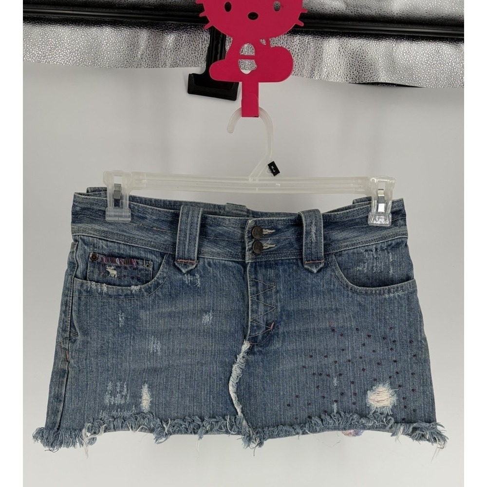 VTG Abercrombie & Fitch Denim Micro Mini Skirt Y2K Distressed Beaded Low Rise 4
